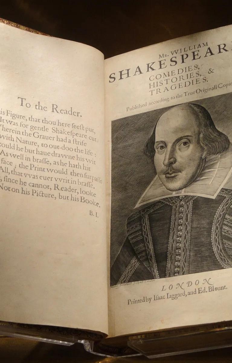 A copy of the 1623 Shakespeare First Folio on display at the Folger Shakespeare Library