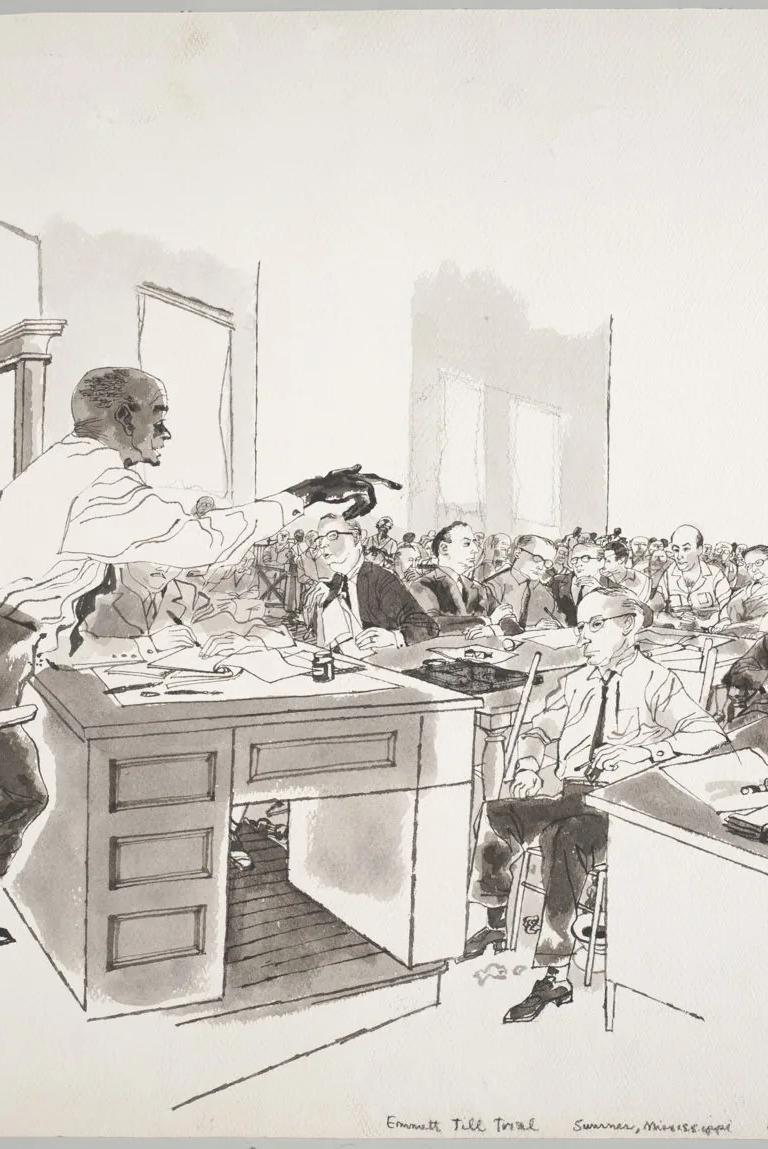 Franklin McMahon courtroom sketch of Moses Wright at the Emmett Till trial