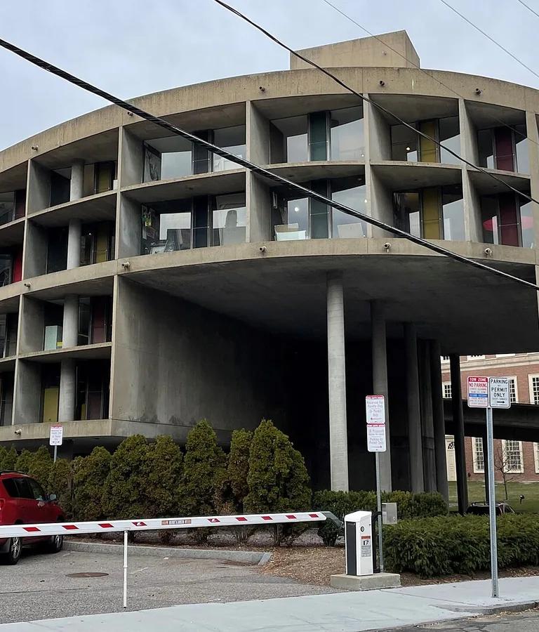 North-west view of the Carpenter Center for the Visual Arts, showing Le Corbusier's cantilevered concrete ramp and brise-soleil facade
