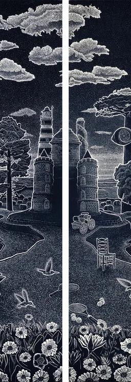 Ade Adesina, Borders, 2025: two-panel print of a cloudy sky over woodland with birds, a deer and a wheelbarrow