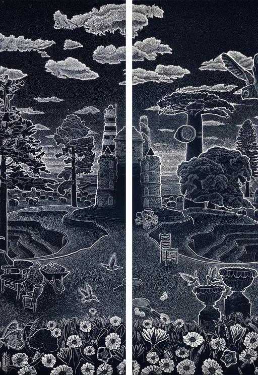Ade Adesina, Borders, 2025: two-panel print of a cloudy sky over woodland with birds, a deer and a wheelbarrow