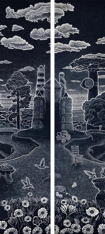 Ade Adesina, Borders, 2025: two-panel print of a cloudy sky over woodland with birds, a deer and a wheelbarrow