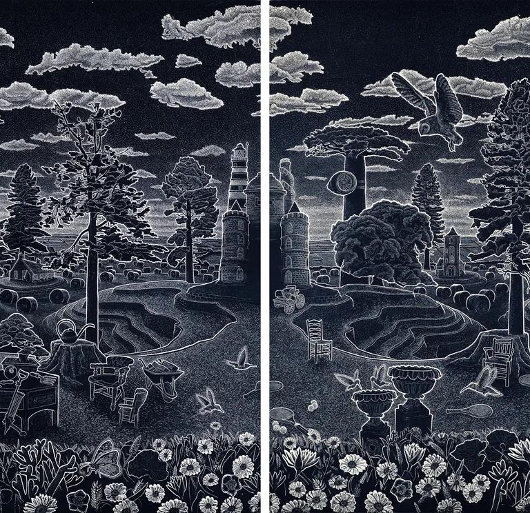 Ade Adesina, Borders, 2025: two-panel print of a cloudy sky over woodland with birds, a deer and a wheelbarrow