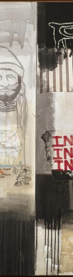 Jaune Quick-to-See Smith, Indian, Indio, Indigenous (1992): a horizontal canvas combining collaged map scraps, comic strips, cloth swatches and dripped paint with scrawled phrases.