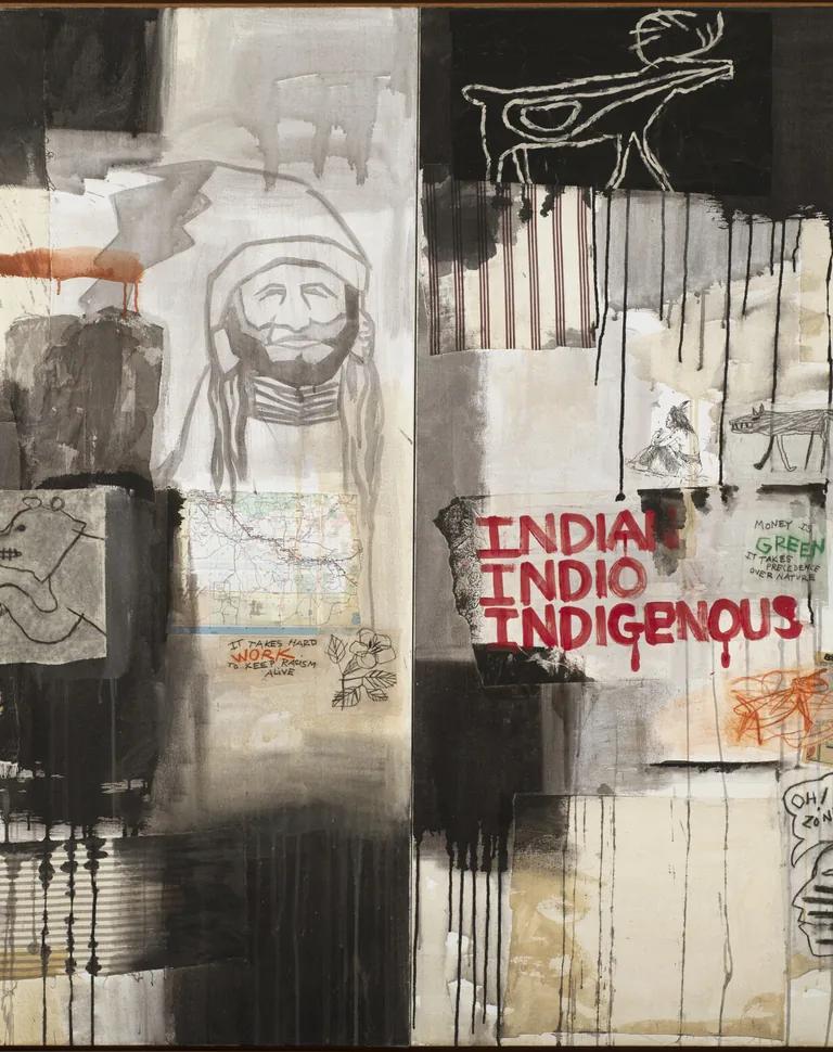 Jaune Quick-to-See Smith, Indian, Indio, Indigenous (1992): a horizontal canvas combining collaged map scraps, comic strips, cloth swatches and dripped paint with scrawled phrases.