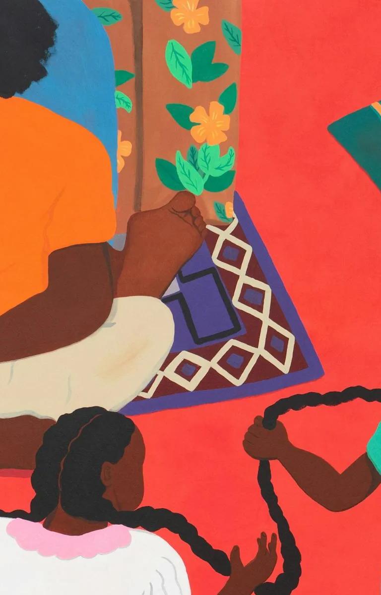 Brightly coloured illustration of four people indoors: an adult braids a child's hair while another adult lies down and a second child stands close.