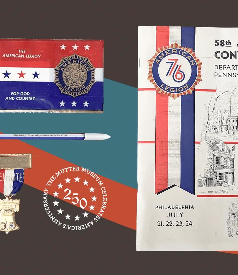 Red, white and blue collateral from the 58th Annual Convention of the American Legion, including a program booklet and a Liberty Bell pin