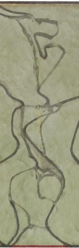 Abstract painting by Brice Marden with a pale green ground covered with winding darker green lines, suggesting an aerial landscape view