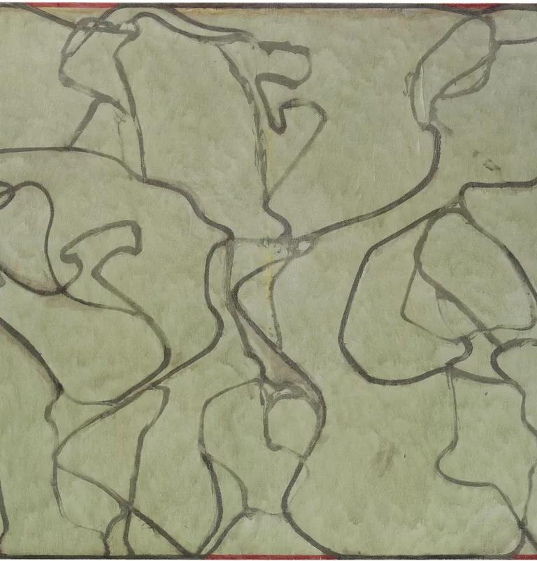 Abstract painting by Brice Marden with a pale green ground covered with winding darker green lines, suggesting an aerial landscape view