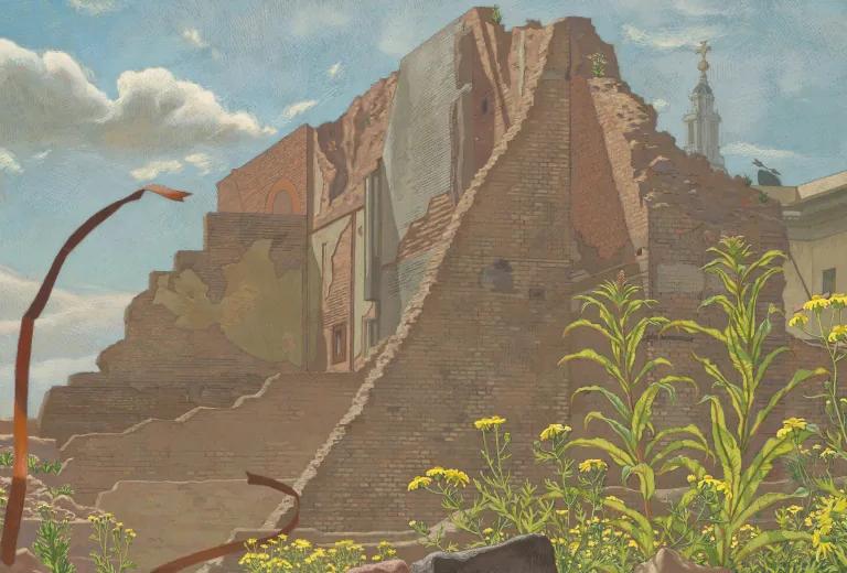 Ruined brick building with wildflowers in the foreground, from wartime London art