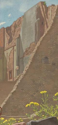 Ruined brick building with wildflowers in the foreground, from wartime London art