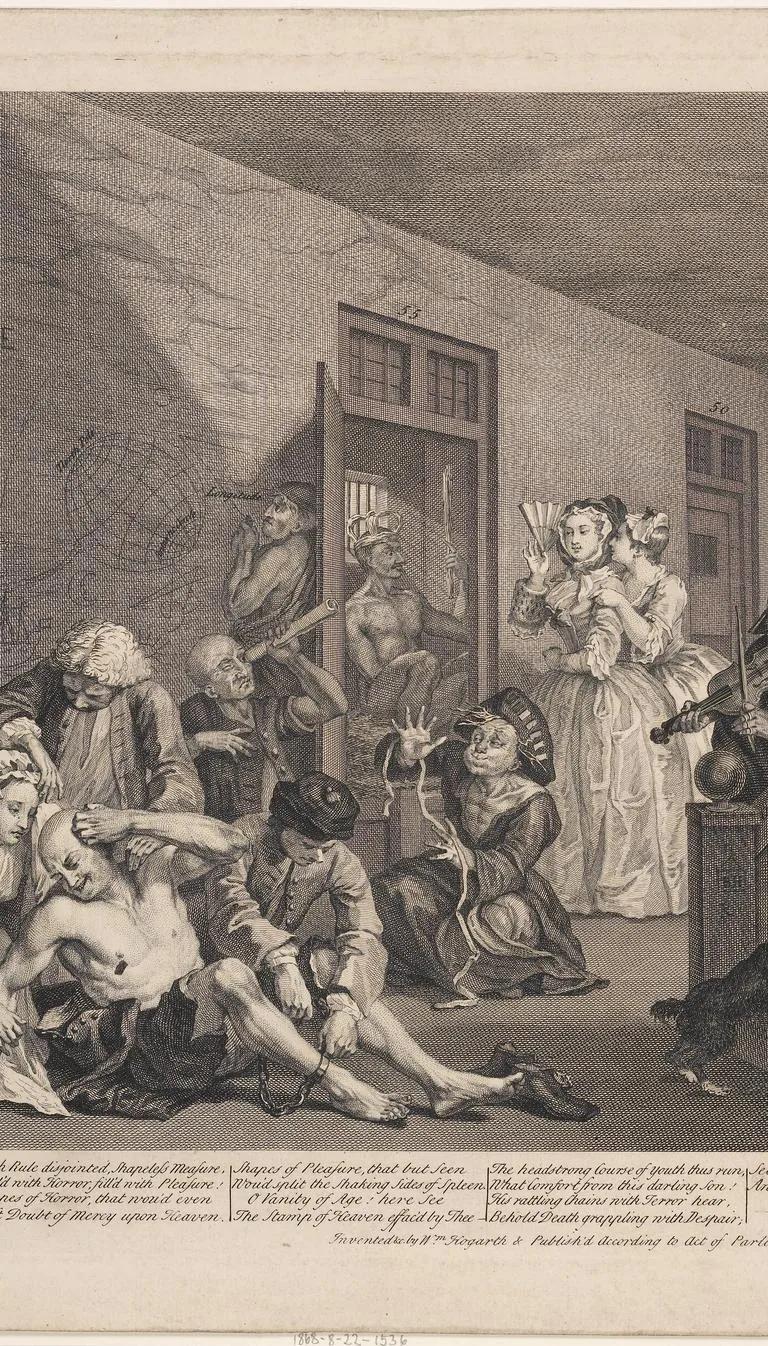 A Rake's Progress, Plate 8 (the Bedlam scene) by William Hogarth, 1735 — engraving after the painting at Sir John Soane's Museum