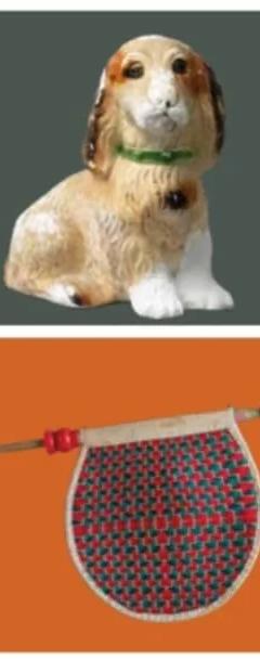 A collage of objects including a dog ornament, a gold Buddha and a framed photograph of a couple