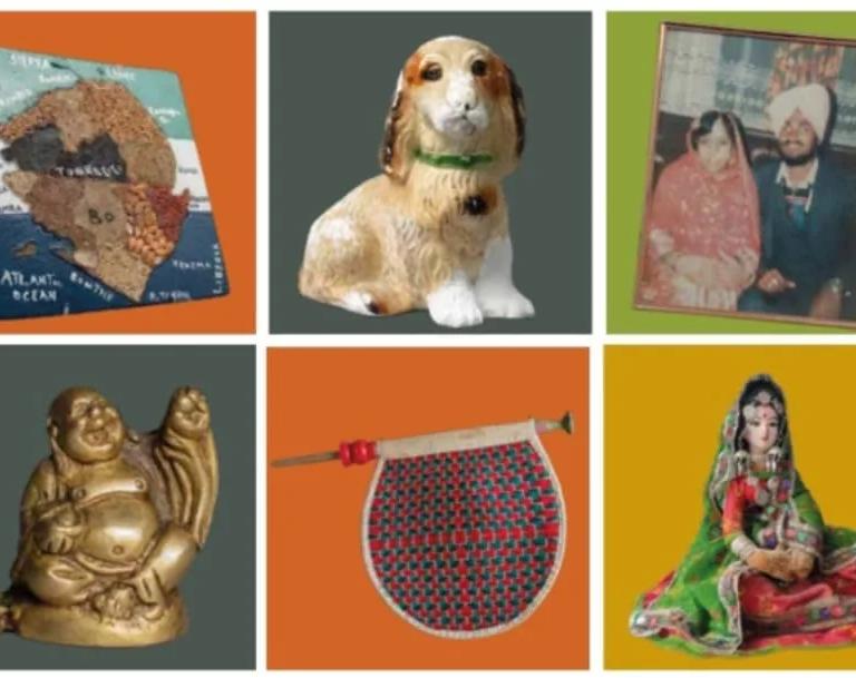 A collage of objects including a dog ornament, a gold Buddha and a framed photograph of a couple