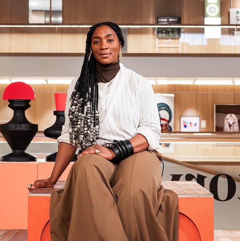 Simone Brewster with her 'Negrita' bench, PLATFORM display at the Design Museum