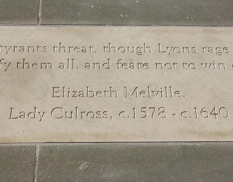 Inscribed flagstone in Makars' Court commemorating the poet Elizabeth Melville, Lady Culross