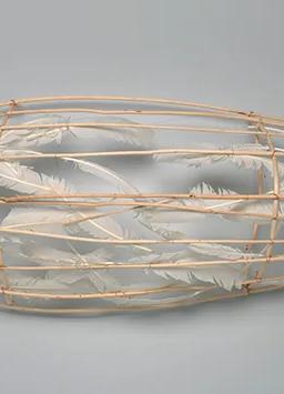 Truman Lowe's Feather Canoe, made from peeled willow saplings, feathers and copper wire