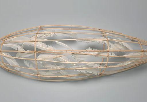 Truman Lowe's Feather Canoe, made from peeled willow saplings, feathers and copper wire