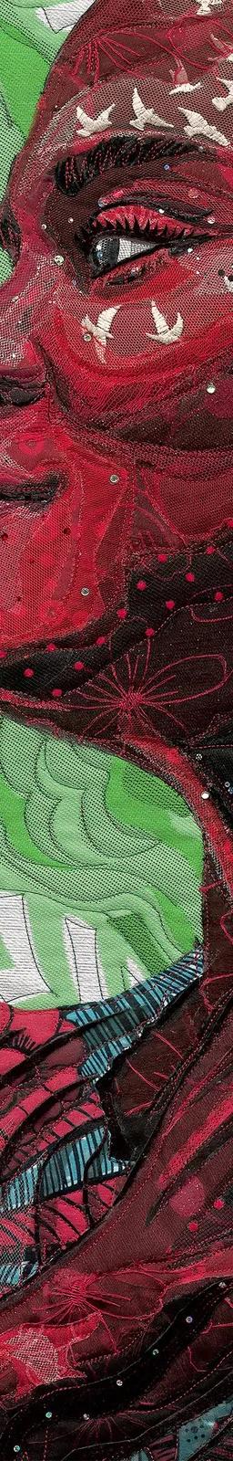 Bisa Butler, Coco with Morning Glories (detail), 2024, quilted and appliquéd textiles