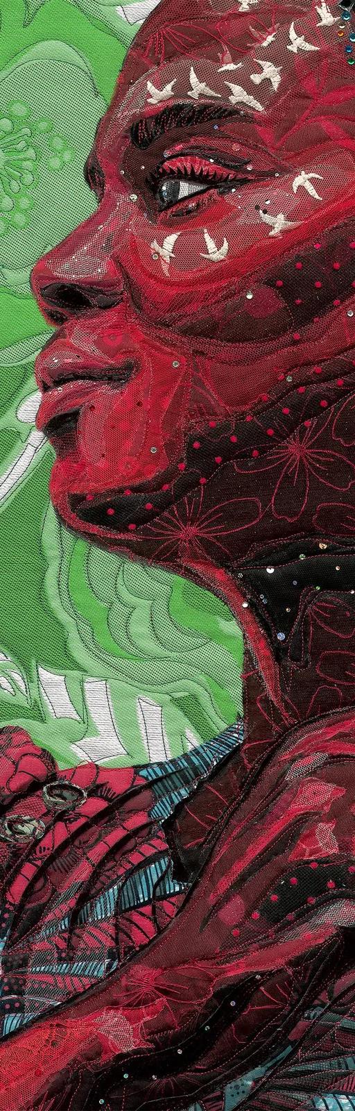 Bisa Butler, Coco with Morning Glories (detail), 2024, quilted and appliquéd textiles
