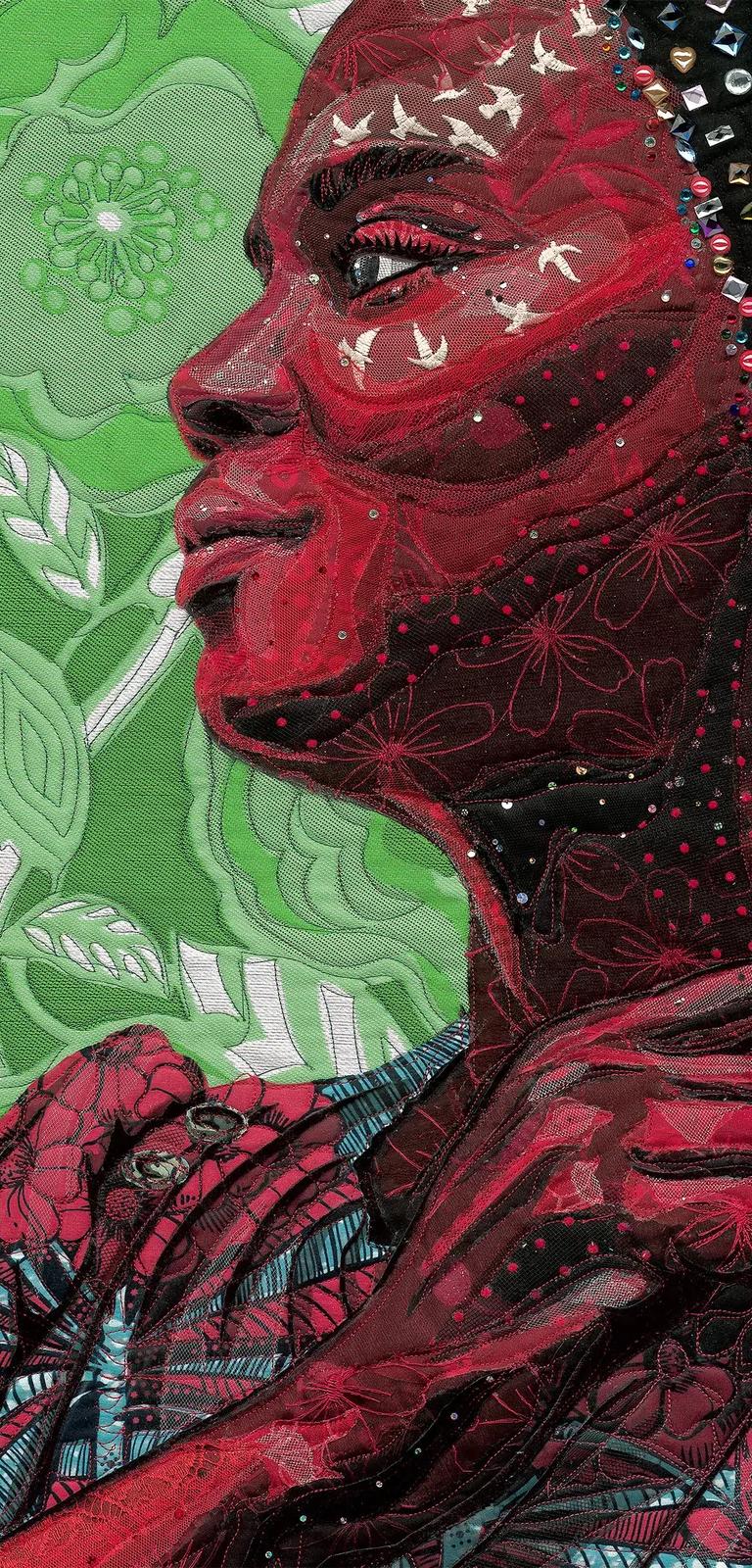 Bisa Butler, Coco with Morning Glories (detail), 2024, quilted and appliquéd textiles