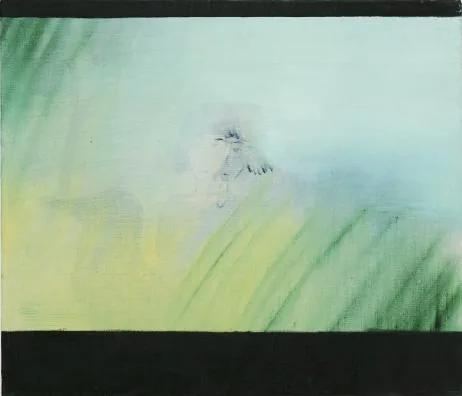 Painting by Yu Nishimura depicting a landscape with a figure, from the exhibition Towards a Sea