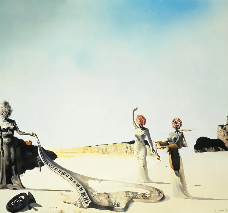 Salvador Dalí, Three young surrealist women holding in their arms the skins of an orchestra, 1936 (detail)