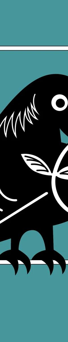 Drawing of a black raven holding a white flower in its beak, against a blue background