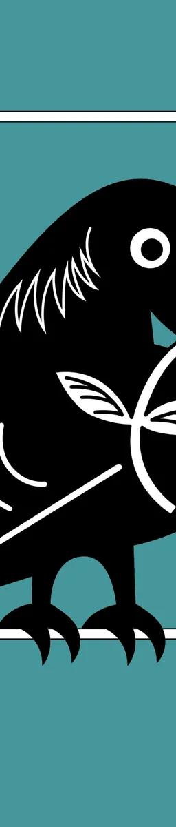 Drawing of a black raven holding a white flower in its beak, against a blue background