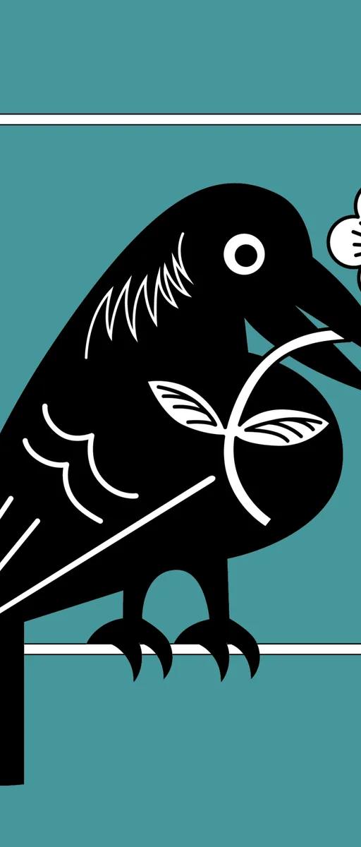 Drawing of a black raven holding a white flower in its beak, against a blue background
