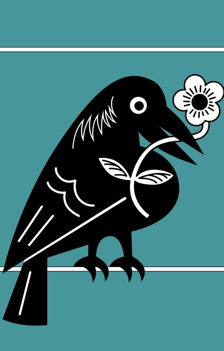 Drawing of a black raven holding a white flower in its beak, against a blue background