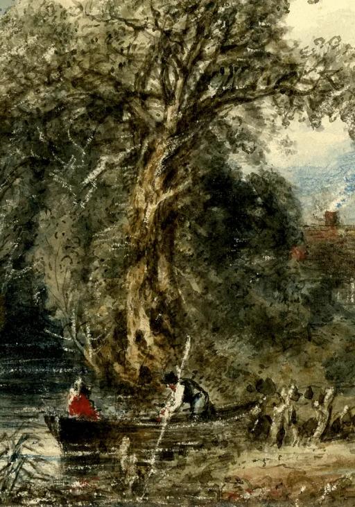 Watercolour painting of people in a rowboat by the bank of a river, with a large tree and a house in the background