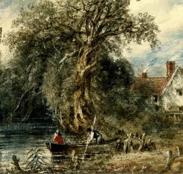 Watercolour painting of people in a rowboat by the bank of a river, with a large tree and a house in the background