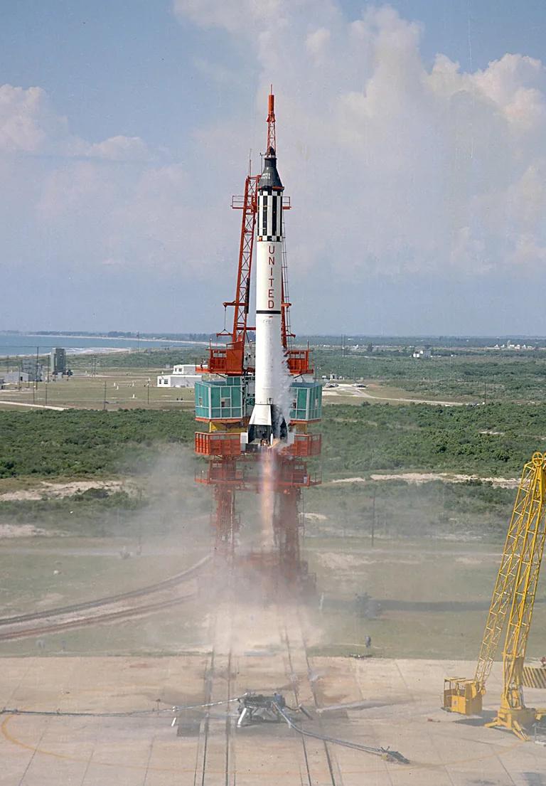 Launch of the Mercury-Redstone 3 Freedom 7 capsule piloted by Alan Shepard, 5 May 1961