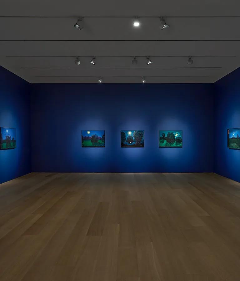 Installation view of David Hockney: The Moon Room at Pace Gallery, New York