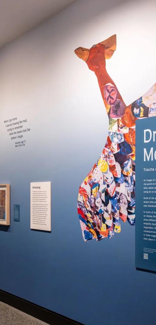 Children's artwork on display in the Drawing Meaning exhibition at the 9/11 Memorial Museum
