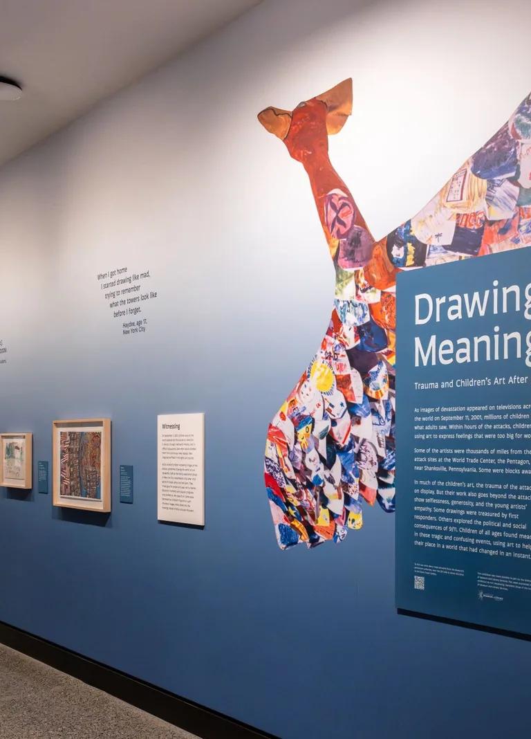 Children's artwork on display in the Drawing Meaning exhibition at the 9/11 Memorial Museum