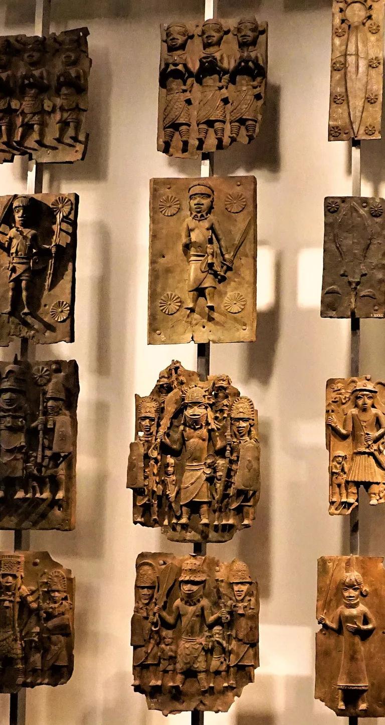 Benin bronze sculptures on display in the Africa galleries at the British Museum