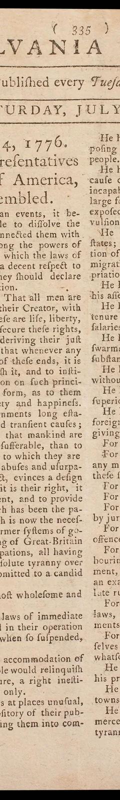 The Pennsylvania Evening Post of 6 July 1776, the first newspaper printing of the Declaration of Independence