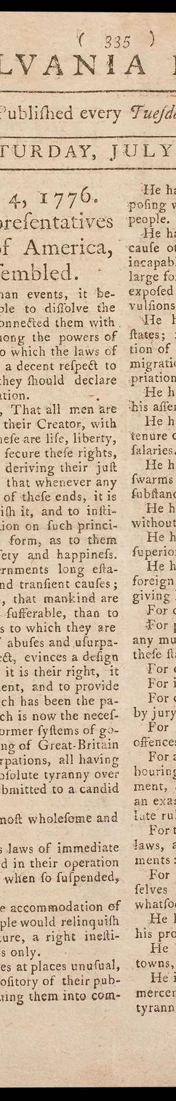 The Pennsylvania Evening Post of 6 July 1776, the first newspaper printing of the Declaration of Independence
