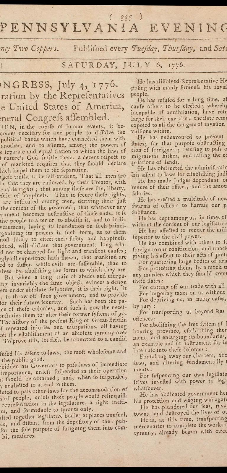The Pennsylvania Evening Post of 6 July 1776, the first newspaper printing of the Declaration of Independence