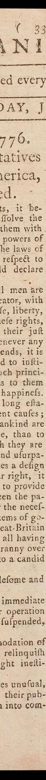 The Pennsylvania Evening Post of 6 July 1776, the first newspaper printing of the Declaration of Independence