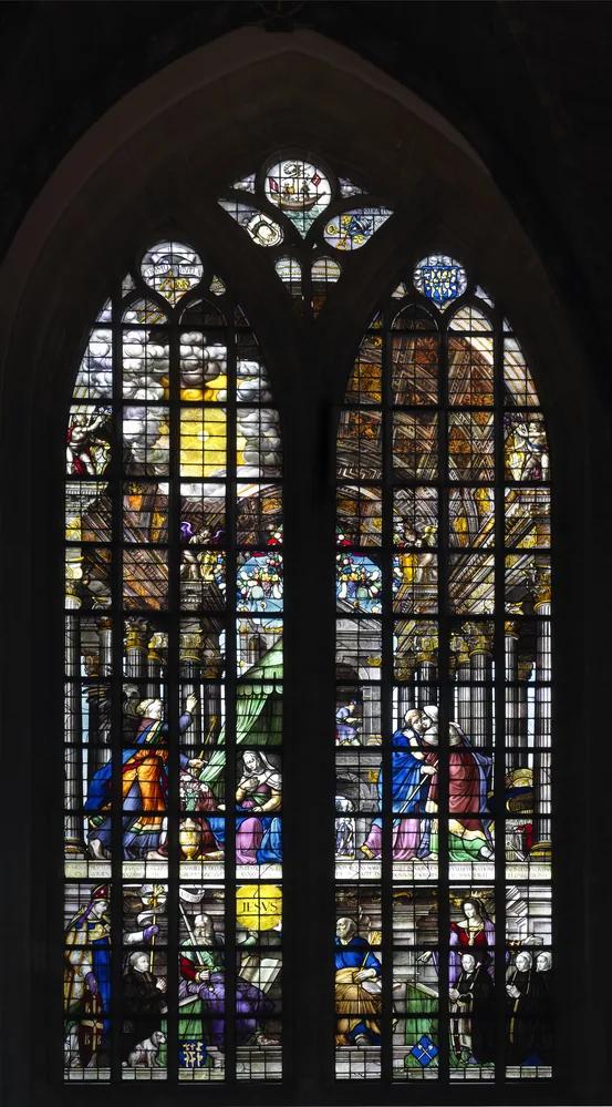 Stained glass window depicting the Annunciation and Visitation in the Oude Kerk