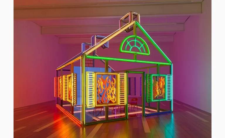 Alex Da Corte's neon sculpture Rubber Pencil Devil (Hell House), 2022, in Room 6 of the Pavilions at Glenstone