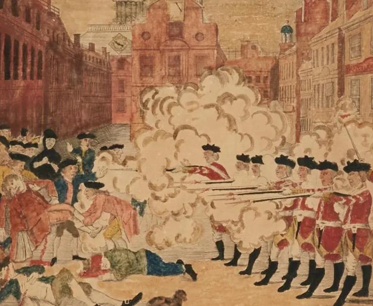 Detail of Paul Revere's 1770 engraving 'The Bloody Massacre Perpetrated in King Street, Boston', shown in the exhibit