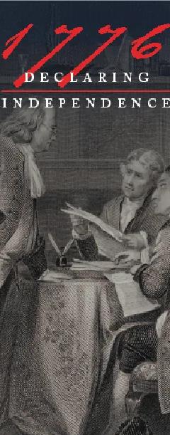 Key art for 1776: Declaring Independence, showing an engraving of the drafting committee presenting the Declaration of Independence