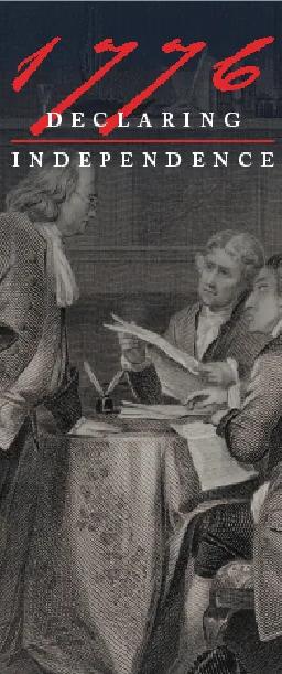Key art for 1776: Declaring Independence, showing an engraving of the drafting committee presenting the Declaration of Independence