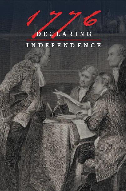 Key art for 1776: Declaring Independence, showing an engraving of the drafting committee presenting the Declaration of Independence