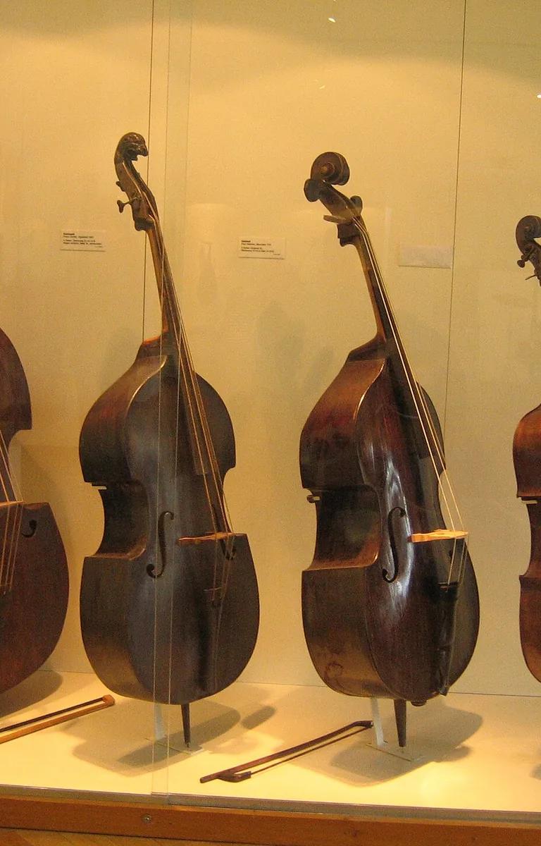 Contrabass and cellos on display in the Musical Instruments exhibition