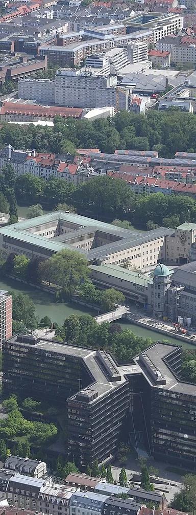 Aerial view of the Deutsches Museum on its island in the Isar river, Munich